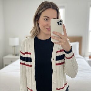 Maurices Cream Cardigan with Red and Black Stripes